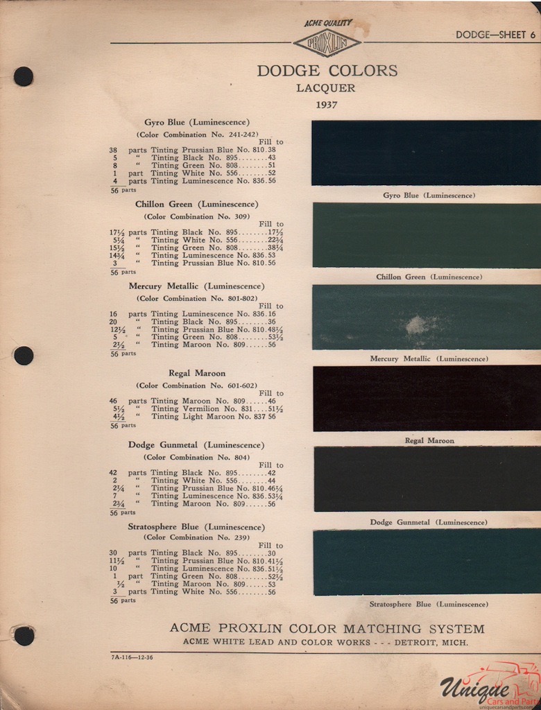 1937 Dodge Paint Charts Acme 1
